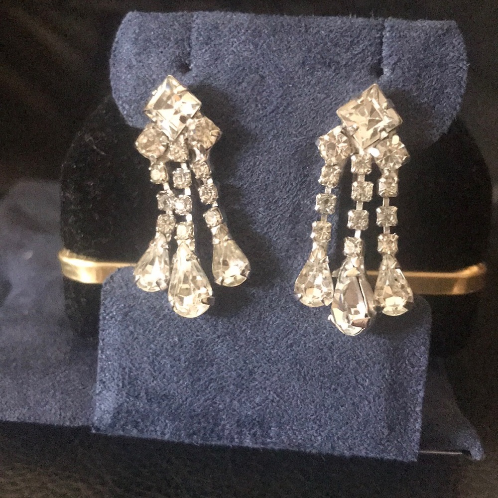 vintage costume crystal cz earrings silver tone